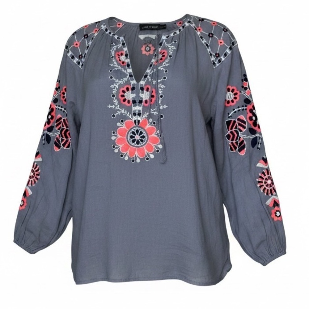 Antik Batik Embroidered Floral Peasant Blouse Blue Grey Cotton Boho XS/36